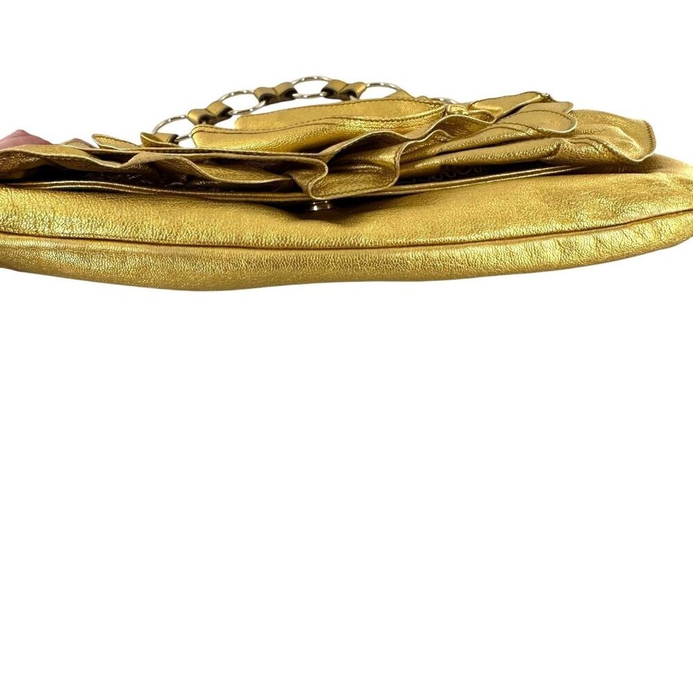 YSL Saint Laurent Rive Gauche Metallic Gilt Gold Leather Rose Baguette Bag - Picture 6 of 12